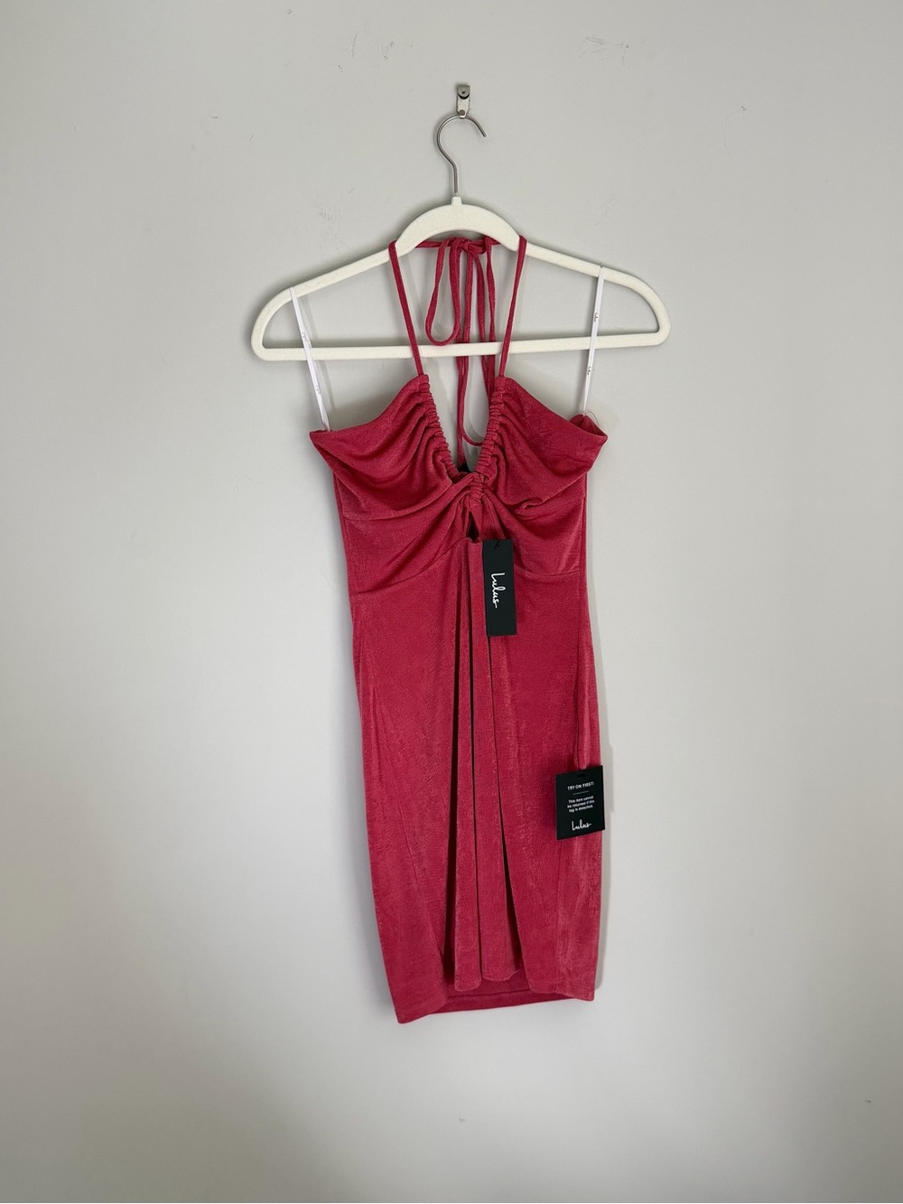 Lulus Pink Velvet Ruched Tie Front Bodycon Mini Dress V-Neck Strappy Sleeve S